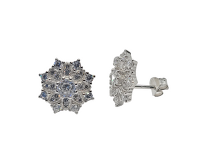 Sterling Silver with Rhodium Flower Stud Earrings with Cubic Zirconia