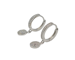 Sterling Silver with Rhodium, Disc Charm Hoop Earrings