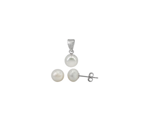 Sterling Silver With Rhodium Pearl Earring and Pendant Set