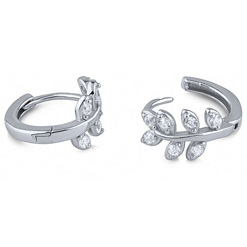 Silver Olive Leaf Huggie Earrings with CZ