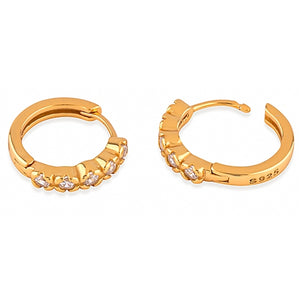 Silver Huggie Earrings with White CZ and Yellow Gold Plated