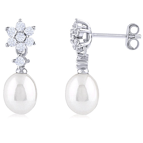 Silver Pearl Earrings with CZ