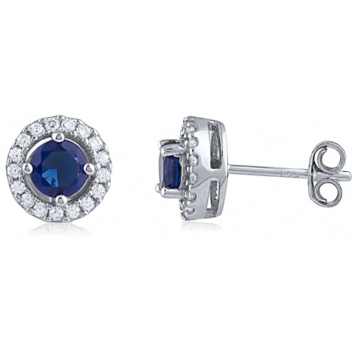 Silver Halo Earrings with Sapphire CZ Stone