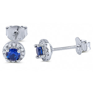 Silver Stud Earrings with Sapphire Blue CZ Center and White CZ Around