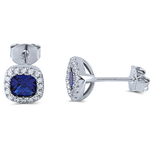 Silver Stud Earrings with Sapphire Blue CZ Center and White CZ Around