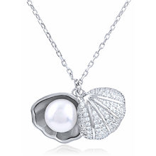 Load image into Gallery viewer, Silver Oyster Necklace with Faux Pearl and CZ - 16&quot; + 2&quot; Length
