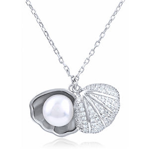 Silver Oyster Necklace with Faux Pearl and CZ - 16" + 2" Length